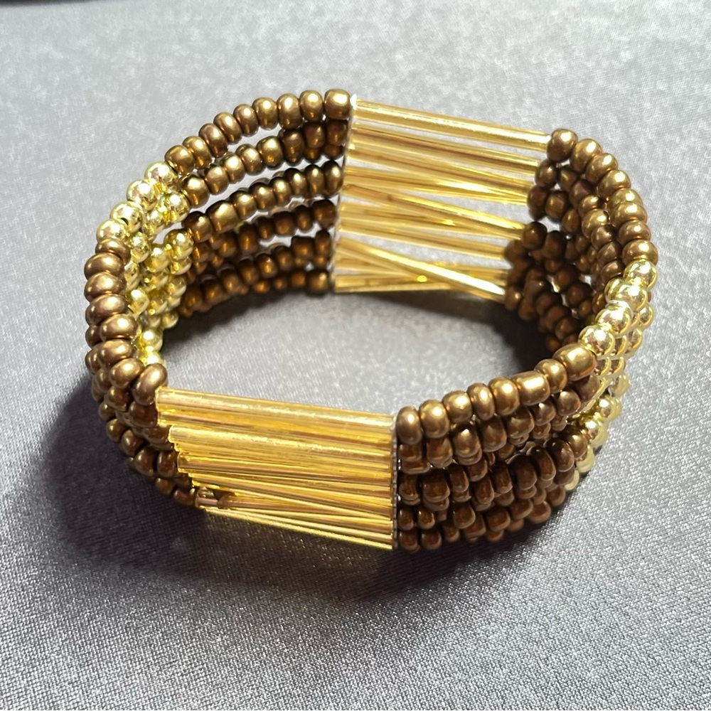Beaded Stretch Bracelet Bronze Gold Tone Tube & Seed Beads Boho Tribal Jewelry